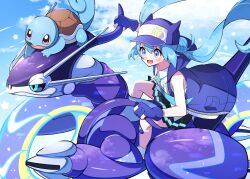 Rule 34 | 1girl, :d, absurdres, black skirt, blue eyes, blue hair, blush, cloud, collared shirt, commentary request, creatures (company), crossover, day, eyelashes, floating hair, game freak, gen 1 pokemon, gloves, hat, hatsune miku, highres, long hair, mirai donna darou (vocaloid), miraidon, necktie, nintendo, open clothes, open mouth, outdoors, partially fingerless gloves, pleated skirt, pokemon, pokemon (creature), pon yui, project voltage, purple gloves, purple headwear, riding, riding pokemon, shirt, sitting, skirt, sky, smile, squirtle, twintails, vocaloid, white shirt