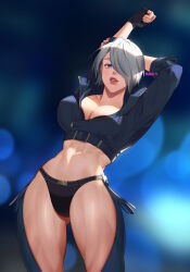 Rule 34 | 1girl, angel (kof), artist request, black jacket, black panties, blue eyes, breasts, chaps, cleavage, cropped jacket, hair over one eye, highres, jacket, large breasts, lips, looking at viewer, midriff, navel, panties, revealing clothes, shiny skin, short hair, simple background, smile, solo, stretching, the king of fighters, thong, underwear, white hair, wide hips