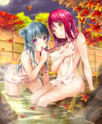 Rule 34 | 2girls, autumn leaves, bare shoulders, blush, breasts, cleavage, cloud, covering privates, fence, grey hair, hair bun, hand in another&#039;s hair, highres, large breasts, leaf, leaning forward, long hair, looking at viewer, love live!, love live! sunshine!!, maple leaf, medium breasts, moon, moridam, multiple girls, naked towel, night, night sky, nude cover, onsen, open mouth, purple eyes, red hair, rock, sakurauchi riko, side bun, single hair bun, single side bun, sitting, sky, smile, standing, towel, tree, tsushima yoshiko, water, wet, wooden fence, yellow eyes, yuri