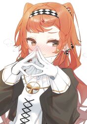 Rule 34 | 1girl, blush, braid, brown eyes, checkered hairband, closed mouth, gloves, hair ribbon, highres, long hair, long sleeves, orange hair, reverse:1999, ribbon, side braid, simple background, solo, sonetto (reverse:1999), steepled fingers, sweat, syhan, two side up, upper body, very long hair, wavy mouth, white background, white gloves