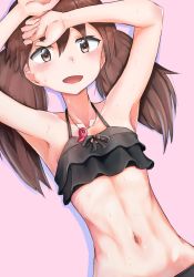 Rule 34 | 1girl, abs, armpits, bikini, black bikini, blush, brown hair, commentary request, cowboy shot, flat chest, arms up, highres, kabayaki namazu, kantai collection, lying, magatama, navel, on back, open mouth, ryuujou (kancolle), simple background, solo, swimsuit, twintails, wet