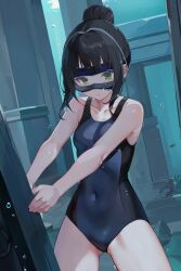 Rule 34 | 1girl, absurdres, black hair, black one-piece swimsuit, breasts, collarbone, commission, competition swimsuit, covered navel, cowboy shot, diving mask, freediving, gluteal fold, goggles, green eyes, hair bun, hamaguchi ayame, highres, idashige (walkietalkie), idolmaster, idolmaster cinderella girls, medium breasts, one-piece swimsuit, pixiv commission, single hair bun, solo, standing, swimsuit, two-tone swimsuit, underwater