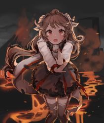 Rule 34 | 1girl, ahoge, animal ears, arknights, black dress, brown eyes, brown hair, curled horns, dress, eyjafjalla (arknights), highres, horns, long hair, looking at viewer, lava, open mouth, outstretched arms, seorang, sheep ears, sheep horns, solo, standing, thighhighs, torn clothes, torn thighhighs, very long hair, zettai ryouiki