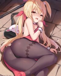 Rule 34 | 1girl, animal ear fluff, animal ears, ass, black panties, black pantyhose, blonde hair, blush, breasts, brown eyes, cameltoe, commentary request, cropped, dress, from behind, hand to own mouth, high heels, highres, legs, little witch nobeta, long hair, looking at viewer, looking back, lying, milkshakework, nobeta, official art, on side, panties, pantyhose, rabbit ears, rabbit tail, red dress, red footwear, ribbon, shoes, sideboob, small breasts, solo, tail, thighs, twintails, underwear, wrist cuffs