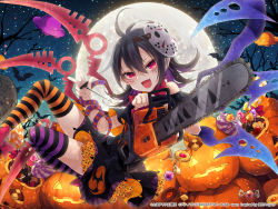 Rule 34 | 1girl, artist request, asymmetrical legwear, asymmetrical wings, black dress, black hair, blue wings, breasts, candy, chainsaw, copyright notice, dress, fang, food, full moon, hair between eyes, halloween, highres, hockey mask, houjuu nue, jack-o&#039;-lantern, lollipop, looking at viewer, mask, medium breasts, mismatched legwear, moon, night, night sky, open mouth, pumpkin, red eyes, red wings, second-party source, skin fang, sky, smile, snake, solo, striped clothes, striped legwear, striped thighhighs, thighhighs, touhou, touhou danmaku kagura, ufo, v-shaped eyebrows, wings