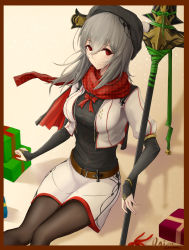 Rule 34 | 1girl, absurdres, azur lane, black legwear, breasts, christmas, closed mouth, commentary request, grey hair, hair between eyes, hair ornament, highres, holding, long hair, looking at viewer, mole, mole under eye, polearm, red eyes, saint-louis (azur lane), skirt, solo, unique (pixiv12704744), weapon