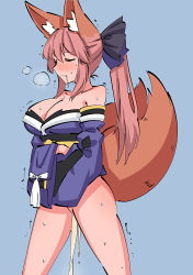 Rule 34 | 1girl, animal ear fluff, animal ears, black bow, blue background, blue bow, blue kimono, blush, bow, breasts, breath, closed eyes, closed mouth, crossed arms, drooling, embarrassed, fate (series), fox ears, fox girl, fox tail, gold trim, heavy breathing, highres, japanese clothes, kimono, large breasts, long hair, long sleeves, multiple tails, no panties, pee, peeing, pink hair, rune (dualhart), simple background, solo, spread legs, standing, sweat, tail, tamamo no mae (fate/extra), thighs, twintails, white bow, wide sleeves