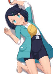 Rule 34 | 1girl, atg (wttoo0202), barefoot, black hair, black shorts, blue eyes, blue jacket, blush, closed mouth, commentary request, creatures (company), game freak, hair ornament, hairclip, highres, holding, holding poke ball, jacket, liko (pokemon), long sleeves, looking at viewer, lying, nintendo, on back, open clothes, open jacket, poke ball, poke ball (basic), pokemon, pokemon (anime), pokemon horizons, shadow, shirt, short shorts, shorts, simple background, solo, swept bangs, white background, white shirt