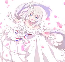 Rule 34 | 1girl, blue eyes, dress, eyebrows hidden by hair, falling petals, fate/grand order, fate (series), flower, gloves, hair between eyes, long hair, looking at viewer, looking up, marie antoinette (fate), marie antoinette (fgo orchestra) (fate), mori marimo, open mouth, petals, ribbon, smile, solo, white dress, white gloves, white hair