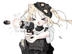 Rule 34 | 1girl, animal ears, backpack, bag, bullet, cat ears, firing, gun, highres, lbf5n, original, pointing, pointing at viewer, robbery, solo, weapon, white background