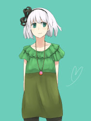 Rule 34 | 1girl, arms behind back, bad id, bad pixiv id, blue eyes, casual, contemporary, female focus, green eyes, highres, jewelry, konpaku youmu, pantyhose, pendant, potionu, short hair, solo, touhou, white hair
