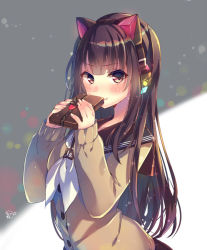Rule 34 | 1girl, :t, animal ear headphones, animal ears, black sailor collar, blush, box, breasts, brown cardigan, brown eyes, brown hair, cardigan, cat ear headphones, cat ears, closed mouth, commentary request, fake animal ears, fingernails, gift, gift box, hands up, headphones, holding, holding gift, long hair, long sleeves, looking at viewer, medium breasts, neckerchief, nemuri nemu, original, pout, sailor collar, school uniform, serafuku, sleeves past wrists, solo, valentine, very long hair, white neckerchief