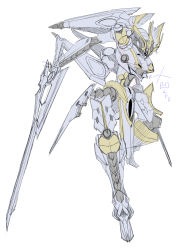Rule 34 | dual wielding, head tilt, highres, holding, ikaruga (knight&#039;s &amp; magic), knight&#039;s &amp; magic, looking at viewer, mecha, no humans, red eyes, robot, sketch, solo, sts, v-fin, white background