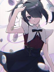 Rule 34 | 1girl, :o, akahito (akaironotanin), ame-chan (needy girl overdose), black hair, black ribbon, black skirt, blue eyes, blurry, chromatic aberration, collared shirt, commentary request, cowboy shot, grey background, hair ornament, hair over one eye, hand up, highres, looking at viewer, neck ribbon, needy girl overdose, parted lips, pill, red nails, red shirt, ribbon, shirt, shirt tucked in, skirt, solo, suspender skirt, suspenders, twintails, x hair ornament