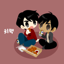 Rule 34 | 2boys, :&gt;, :o, beer can, black hair, black pants, blue pants, can, dark-skinned male, dark skin, drink can, eating, food, food request, grey eyes, highres, indian style, kaorin minogue, korean text, lee seung-gil, male focus, multiple boys, pants, phichit chulanont, red background, sitting, translated, yuri!!! on ice