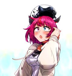 Rule 34 | 1girl, beret, black choker, blue eyes, blush, bow, breasts, brown cardigan, cardigan, choker, commentary, cross-shaped pupils, ddolbang, dress, empire waist, english commentary, hat, hat bow, heterochromia, highres, hololive, hololive english, horns, irys (casualrys) (hololive), irys (hololive), jewelry, long sleeves, looking up, medium breasts, multicolored hair, necklace, official alternate costume, open cardigan, open clothes, open mouth, pink eyes, pink hair, pointy ears, red hair, solo, sparkle print, streaked hair, symbol-shaped pupils, tucking hair, upturned eyes, virtual youtuber, white beret, white dress, white hat