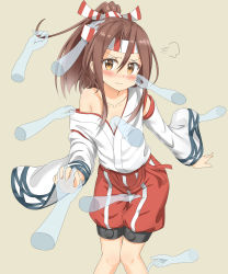 Rule 34 | 1girl, puff of air, absurdres, assisted exposure, beige background, blush, brown eyes, brown hair, cheek pinching, collarbone, hand on another&#039;s crotch, hand on another&#039;s head, highres, holding hands, japanese clothes, kantai collection, kimono, knees together feet apart, legs together, long hair, long sleeves, looking at viewer, nedia (nedia region), off shoulder, pants, pinching, ponytail, red pants, single bare shoulder, solo, white kimono, zuihou (kancolle)