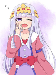 Rule 34 | 1girl, aurora sya lis kaymin, bow, collarbone, commentary request, dress, female focus, juliet sleeves, kapuru 0410, long hair, long sleeves, looking at viewer, maou-jou de oyasumi, one eye closed, open mouth, pink dress, puffy sleeves, purple eyes, purple hair, red bow, solo, upper body, very long hair, wide sleeves, yawning