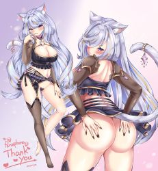 Rule 34 | 1girl, absurdres, animal ear fluff, animal ears, ass, ass grab, breasts, cat ears, cat girl, cat tail, finger bite, highres, indie virtual youtuber, large breasts, long hair, looking at viewer, looking over shoulder, nail polish, navel, nekomancer, nekomancervt, persephone, purple eyes, solo, tail, virtual youtuber, white hair, yellow eyes