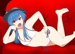 Rule 34 | 1girl, arm support, bad id, bad pixiv id, barefoot, bikini, blue hair, couch, fang, female focus, food, food-themed clothes, fruit, hand on own hip, hat, head rest, hinanawi tenshi, hip focus, long hair, lying, mattari yufi, on side, open mouth, peach, red eyes, side-tie bikini bottom, solo, swimsuit, touhou, white bikini
