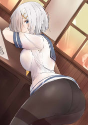 Rule 34 | 1girl, ass, black pantyhose, blue eyes, blue sailor collar, breast press, breasts, closed mouth, commentary request, dutch angle, eyes visible through hair, from behind, hair ornament, hair over one eye, hairclip, hamakaze (kancolle), head rest, highres, indoors, kantai collection, kneeling, large breasts, leaning forward, looking at viewer, looking back, neckerchief, no pants, panties, panties under pantyhose, pantyhose, sailor collar, saku (kudrove), school uniform, serafuku, shirt, short hair, short sleeves, silver hair, solo, underwear, white shirt, yellow neckerchief