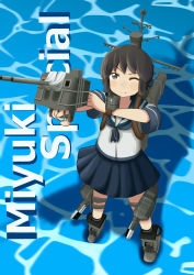 Rule 34 | 1girl, absurdres, adapted turret, aiming, black hair, blue sailor collar, blue skirt, brown eyes, cannon, from above, highres, kantai collection, machinery, miyuki (kancolle), one eye closed, pleated skirt, sailor collar, school uniform, serafuku, short hair, skirt, solo, standing, subprocedure, torpedo launcher, turret, water