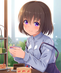 Rule 34 | 1girl, alternative girls, asahina nono, backlighting, blush, brown hair, cake, cake slice, closed mouth, commentary request, cup, food, grey shirt, highres, holding, holding cup, kageira, long sleeves, looking at viewer, purple eyes, purple skirt, shirt, short hair, skirt, smile, solo, suspender skirt, suspenders, suspenders slip, tareme, teacup, tiered tray, upper body