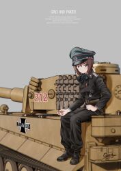 Rule 34 | 1girl, artist name, belt, black belt, black footwear, black jacket, black pants, boots, brown eyes, brown hair, chinese commentary, closed mouth, commentary request, copyright name, dated, emblem, english text, german army, girls und panzer, grey background, hat, headphones, headphones around neck, highres, holster, insignia, jacket, kuromorimine (emblem), looking at viewer, military, military hat, military uniform, mixed-language commentary, nishizumi maho, on vehicle, pants, peaked cap, qian, short hair, signature, simple background, sitting, smile, solo, uniform, world war ii