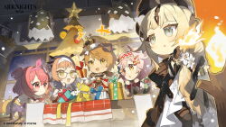 Rule 34 | 1boy, 4girls, absurdres, animal ears, arknights, blonde hair, blue eyes, box, brown eyes, brown hair, cat ears, cat girl, christmas, christmas tree, commentary, demon girl, demon horns, dog boy, dog ears, english commentary, erato (arknights), erato (untold stories) (arknights), gift, gift box, glasses, goldenglow (arknights), goldenglow (maiden for the bright night) (arknights), greyy (arknights), greyy the lightningbearer (aftershow) (arknights), greyy the lightningbearer (arknights), highres, horns, indoors, mokuroh, multiple girls, official art, open mouth, pink eyes, pink hair, pudding (arknights), pudding (gleaming fey) (arknights), reed (arknights), reed the flame shadow (arknights), second-party source, two side up