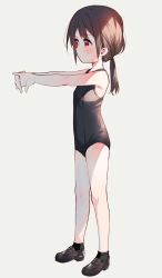 Rule 34 | 1girl, ankle socks, bare arms, bare shoulders, black one-piece swimsuit, black socks, blush, brown footwear, brown hair, child, closed mouth, commentary request, full body, grey background, highres, interlocked fingers, loafers, long hair, looking away, low ponytail, meito (maze), one-piece swimsuit, original, outstretched arms, ponytail, red eyes, school swimsuit, shoes, simple background, socks, solo, standing, stretching, swimsuit