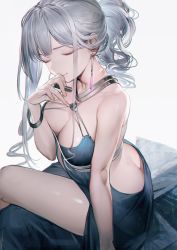 Rule 34 | 1girl, ak-12 (girls&#039; frontline), ak-12 (quiet azure) (girls&#039; frontline), ass, ass cutout, backless outfit, breasts, butt crack, cleavage, closed eyes, clothing cutout, dress, earrings, gem, girls&#039; frontline, halter dress, halterneck, highres, jewelry, liduke, lipstick, makeup, medium breasts, no bra, official alternate costume, ponytail, see-through, see-through dress, side slit, silver hair, sitting