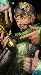 Rule 34 | 1boy, absurdres, angel city hustler mirage, animification, apex legends, black background, black eyes, blonde hair, chain, dark-skinned male, dark skin, facial hair, finger gun, goatee, goggles, goggles on head, gold chain, green jacket, highres, holding, holding trophy, jacket, mirage (apex legends), nemoto yuuma, official alternate costume, open mouth, smile, solo focus, thumbs up, too much witt, trophy, v