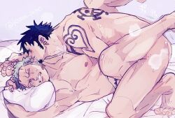 Rule 34 | 2boys, anal, bara, black hair, blush, boy on top, completely nude, couple, earrings, eye contact, facial hair, feet out of frame, goatee, green hair, hands up, highres, jewelry, long sideburns, looking at another, lying, male focus, male penetrated, missionary, multiple boys, muscular, muscular male, nipples, nude, on back, one eye closed, one piece, roronoa zoro, scar, scar across eye, scar on chest, scar on face, sex, short hair, shoulder tattoo, sideburns, single earring, steam, sweat, tattoo, trafalgar law, yaoi, yuyu (kssm pero)