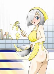 Rule 34 | 10s, 1girl, apron, ass, bad id, bad pixiv id, baking, blue eyes, blush, breasts, counter, covered erect nipples, cowboy shot, d:, dough, female focus, from side, full-face blush, hair ornament, hair over one eye, hairclip, hamakaze (kancolle), holding, indoors, kantai collection, kitchen, large breasts, looking at viewer, looking to the side, mixing bowl, naked apron, open mouth, short hair, sideboob, silver hair, sketch, solo, suke a kuro suke, tiles, whisk