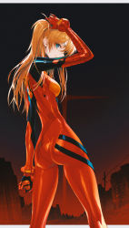 Rule 34 | 1girl, adjusting hair, arm up, ass, blue eyes, bodysuit, breasts, building, butt crack, commentary request, eyepatch, from behind, interface headset, kneepits, legs apart, letterboxed, long hair, looking at viewer, looking back, neon genesis evangelion, one eye covered, orange hair, outside border, parted bangs, plugsuit, profile, rebuild of evangelion, ruins, skin tight, small breasts, solo, souryuu asuka langley, standing, thighs, wanke, wide hips