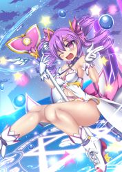 Rule 34 | 1girl, aisha landar, armpits, bad id, bad pixiv id, bare shoulders, blush, bottomless, bubble, dimension witch (elsword), elsword, gloves, haiumore, magic circle, magical girl, sky, smile, staff, star (symbol), thighs, twintails
