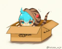 Rule 34 | 10s, 1girl, ahoge, amazon (company), aqua eyes, aqua hair, bad id, bad pixiv id, blush, box, brand name imitation, cardboard box, chibi, commentary request, gradient background, hair between eyes, hood, hoodie, in box, in container, kemono friends, logo parody, looking at viewer, peeking out, rutoko nijo, simple background, snake tail, solo, striped tail, tail, tsuchinoko (kemono friends), twitter username, yellow background