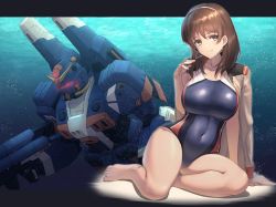 Rule 34 | 1girl, barefoot, black one-piece swimsuit, breasts, brown eyes, brown hair, character request, commentary request, competition swimsuit, covered navel, gundam, gundam lost war chronicles, gundam marine type, highres, itaco, jacket, jacket on shoulders, large breasts, looking at viewer, mecha, medium hair, military jacket, navel, noel anderson, one-piece swimsuit, robot, sitting, smile, swimsuit, yokozuwari