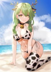 Rule 34 | 1girl, absurdres, animal ears, animal print, antlers, beach, bell, between legs, bikini, black choker, blue sky, branch, breasts, ceres fauna, choker, closed mouth, cloud, cow ears, cow print, cow print bikini, cowbell, day, dot nose, ear piercing, ear tag, foot out of frame, green hair, hand between legs, highres, hololive, hololive english, horns, kneeling, large breasts, leaf, long hair, looking at viewer, mayushuuu, mole, mole under eye, navel, neck bell, outdoors, piercing, print bikini, print thighhighs, sand, side-tie bikini bottom, skindentation, sky, smile, solo, stomach, sunlight, swimsuit, thighhighs, virtual youtuber, wavy hair, wet, yellow eyes