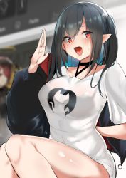 Rule 34 | 1girl, :d, absurdres, arknights, arm up, black choker, black hair, black jacket, blurry, blurry background, blush, breasts, choker, closure (arknights), hair between eyes, highres, jacket, large breasts, long hair, looking at viewer, no pants, open mouth, pointy ears, red eyes, shirt, short sleeves, sidelocks, sitting, smile, solo, teriibol, thighs, white shirt