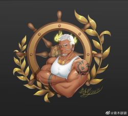 Rule 34 | 1boy, arm tattoo, bandaid, bandaid on cheek, bandaid on face, bara, cropped torso, crossed arms, dark-skinned male, dark skin, dumbbell necklace, eyebrow cut, facial hair, goatee, indie virtual youtuber, large pectorals, laurel crown, rai bolim, long sideburns, looking at viewer, male focus, mature male, muscular, muscular male, pectoral cleavage, pectorals, qingmi tantan (7648404677), scar, scar on face, scar on nose, short hair, sideburns, sidepec, smile, solo, tank top, tattoo, thick eyebrows, virtual youtuber, white hair, white tank top