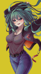 Rule 34 | 1girl, 39, :d, absurdres, alternate costume, aqua eyes, aqua hair, aqua nails, arms up, belt, black belt, black jacket, black shirt, blue pants, breasts, denim, eyebrows hidden by hair, hatsune miku, highres, jacket, jeans, long hair, long sleeves, looking at viewer, nail polish, open mouth, pants, shirt, simple background, smile, solo, standing, thinline velt, twintails, vocaloid, yellow background