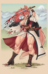 Rule 34 | 1girl, abs, absurdres, baiken, blood, breasts, cleavage cutout, clothing cutout, eyepatch, female focus, guilty gear, highres, japanese clothes, katana, kimono, large breasts, looking away, muscular, muscular arms, muscular female, muscular legs, pink hair, solo, sword, thick thighs, thighs, weapon, yukata
