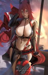 Rule 34 | 1girl, artist name, between breasts, black gloves, blurry, blurry background, breasts, brown eyes, collarbone, crop top, fingerless gloves, gloves, goddess of victory: nikke, hair between eyes, headgear, highres, holding, holding clothes, holding jacket, jacket, large breasts, lips, long hair, midriff, navel, on table, paid reward available, patreon username, rached, red hair, red hood (nikke), red jacket, sitting, solo, suspenders, table, unworn jacket, zipper