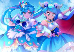 Rule 34 | 2girls, absurdres, ahoge, apron, aqua eyes, blue eyes, blue hair, brooch, color connection, commentary, cure sky, cure spicy, delicious party precure, detached sleeves, elbow gloves, fingerless gloves, fuwa kokone, gloves, gradient hair, hand on own hip, heart, heart brooch, highres, hirogaru sky! precure, huge bow, in-franchise crossover, jewelry, magical girl, mitsuki tayura, multicolored hair, multiple girls, precure, puffy detached sleeves, puffy sleeves, single sidelock, smile, sora harewataru, white gloves, wing hair ornament