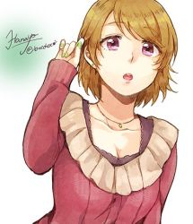 Rule 34 | 10s, 1girl, :o, breasts, buccho (bucchoco), character name, cleavage, earrings, jewelry, koizumi hanayo, long sleeves, looking at viewer, love live!, love live! school idol festival, love live! school idol project, lowres, nail polish, parted lips, pendant, simple background, solo, sweater, twitter username, upper body, white background