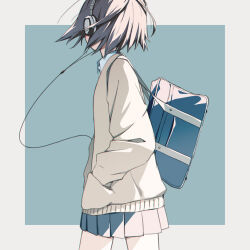 Rule 34 | 1girl, averting eyes, bag, blue background, blue bag, blue skirt, blush, bob cut, border, breasts, cable, cardigan, commentary, cowboy shot, dress shirt, embarrassed, english commentary, facing away, floating hair, from side, grey hair, hair strand, hands in pockets, headphones, highres, idou kyoushitsu, long sleeves, looking to the side, messy hair, miniskirt, original, outside border, pleated skirt, school bag, school uniform, shirt, short hair, shoulder bag, simple background, skirt, small breasts, solo, turning head, uniform, walking, white border, white cardigan, white shirt
