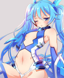 Rule 34 | 1girl, bad id, bad pixiv id, blue eyes, blue hair, blush, cleavage cutout, clothing aside, clothing cutout, covered erect nipples, flat chest, gloves, highres, implied sex, leotard, leotard aside, long hair, matching hair/eyes, mecha musume, navel, navel cutout, one eye closed, ore twintail ni narimasu, revealing clothes, solo, sweat, tailblue, tsube aika, twintails, yutsumoe