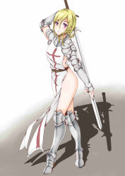 Rule 34 | 1girl, absurdres, armor, ass, belt, blonde hair, boots, breasts, closed mouth, contrapposto, crossed legs, eyelashes, female knight, greaves, hair ornament, hairclip, hand on blade, highres, knight, looking at viewer, nail polish, naked tabard, no panties, original, pauldrons, purple eyes, red nails, shadow, shoulder armor, sideboob, solo, standing, sword, sword behind back, tabard, templar, thighs, vambraces, watson cross, weapon, white background, yu714202850, zweihander