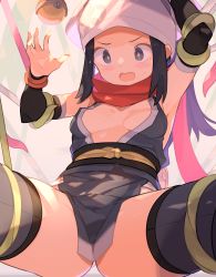 Rule 34 | 1girl, adapted costume, akari (pokemon), black hair, breasts, cleavage, covered erect nipples, creatures (company), fundoshi, game freak, gluteal fold, head scarf, highres, japanese clothes, nintendo, no bra, open mouth, pelvic curtain, poke ball, poke ball (legends), pokemon, pokemon legends: arceus, red scarf, scarf, solo, spread legs, spring2013, tentacles, thighhighs